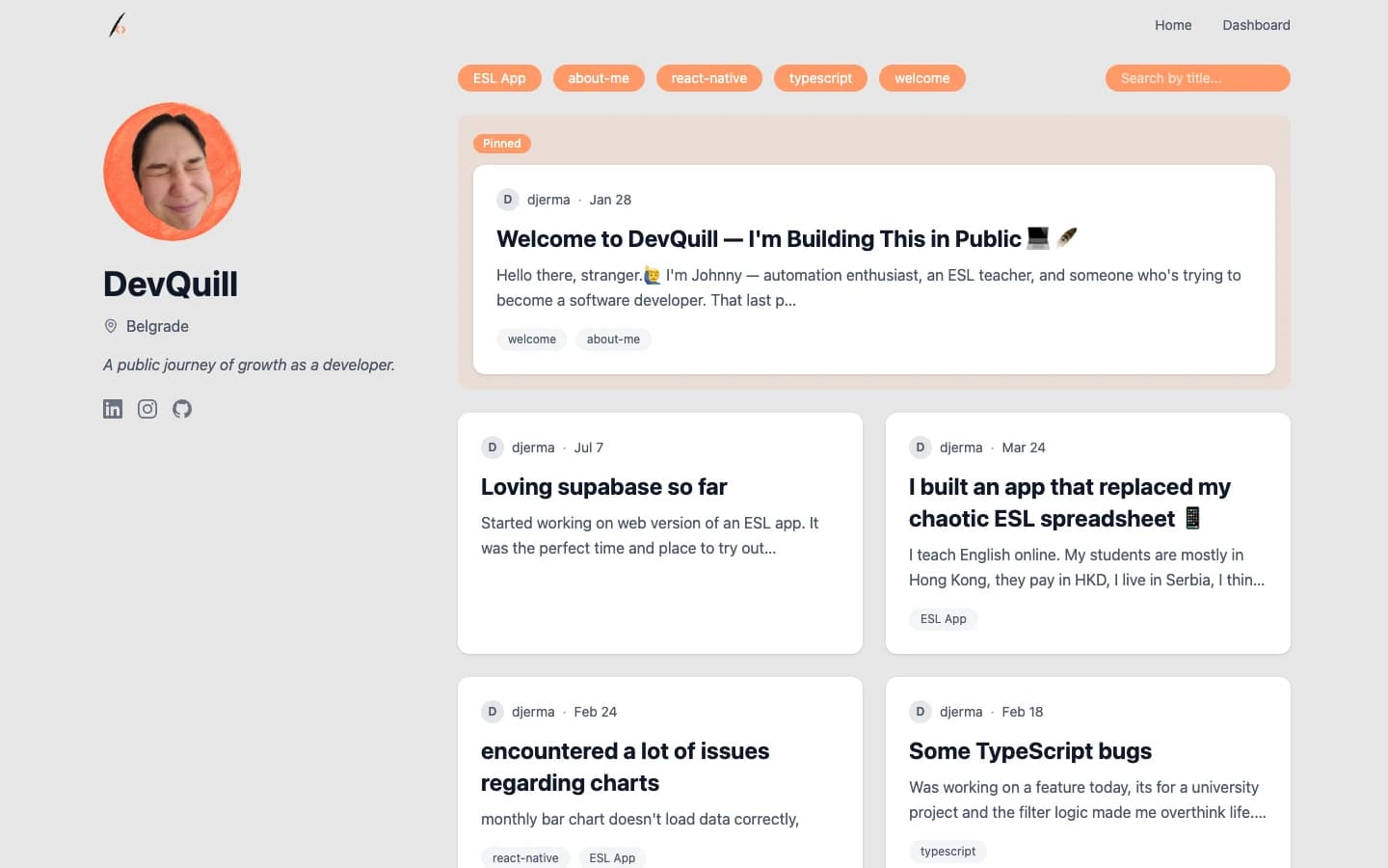 DevQuill home page with a pinned post and recent posts