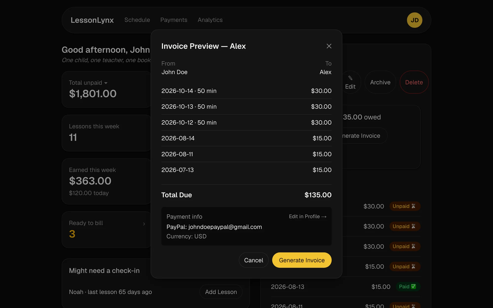 Invoice preview for a demo student listing six unpaid lessons and a total due of $135.00