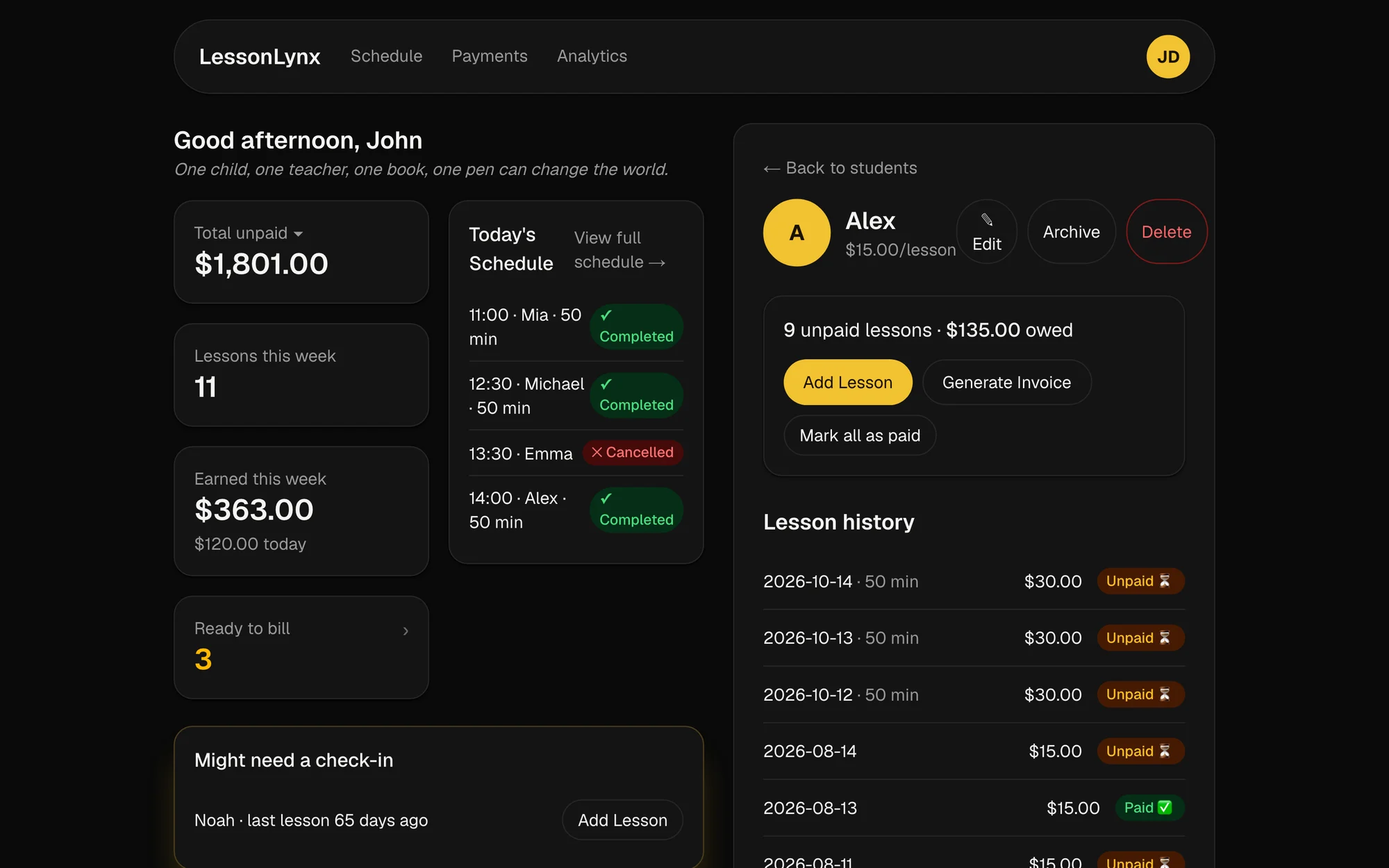 Student panel for a demo student: rate, unpaid total with Add Lesson, Generate Invoice and Mark all as paid, and the lesson history with paid and unpaid lessons