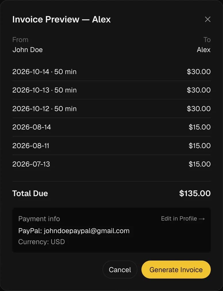 Invoice preview for a demo student listing six unpaid lessons and a total due of $135.00