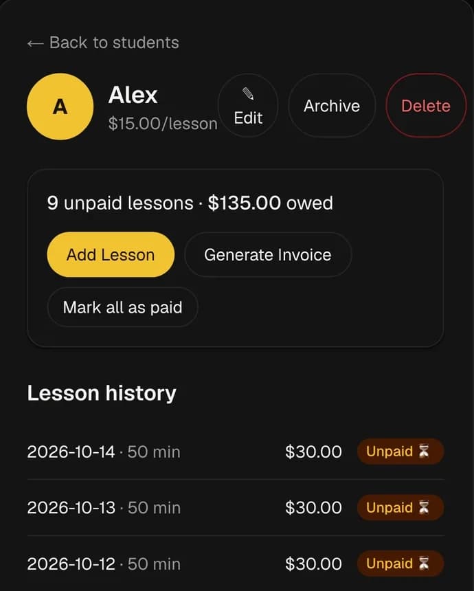 Student panel for a demo student: 9 unpaid lessons, $135 owed, with Add Lesson, Generate Invoice and Mark all as paid, and the lesson history